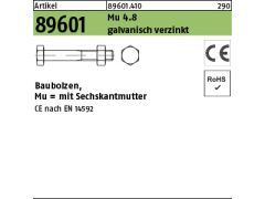 10 x Baubolzen mit Mutter ähnl. DIN 601 CE 4.8 M20x580 verzinkt