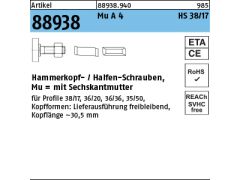 10 x Hammerkopf / Halfenschrauben Typ 38/17 M16 x 60 Edelstahl A4