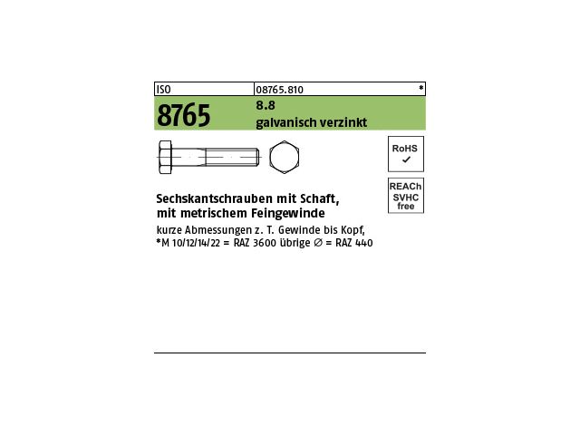 Sechskantschrauben mit Schaft und metrischem Feingewinde ISO 8765 8.8 Stahl roh 
