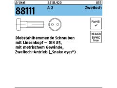 100 x Diebstahlhemmende Sicherheitsschr. Linsenkopf (D 85) M3x8  Zweiloch Edelstahl A2