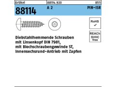 100 x Diebstahlhemmende Sicherheitsschr. Linsenkopf (D7981) 6,3x16 Pin-ISR T27 Edelstahl A2