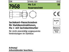 100 x Sechskant-Paßschrauben DIN 7968 +Mutter 5.6 / CE M12x50 feuerverzinkt