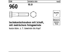 100 x Sechskantschrauben Feingewinde, Teilgewinde DIN 960 10.9 M10 x 1,25 x 45 (blank/schwarz)