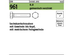 100 x Sechskantschrauben Feingewinde / Vollgewinde DIN 961 8.8 M10 x 40 verzinkt