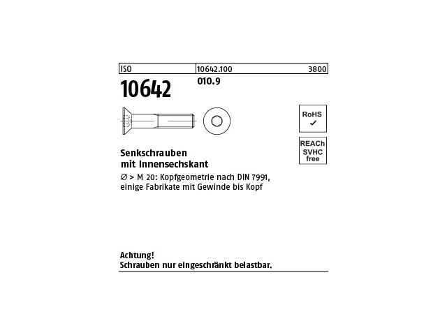 100x ISO 10642 Senkschrauben Innensechskant M 10 x 35 10.9 blank 