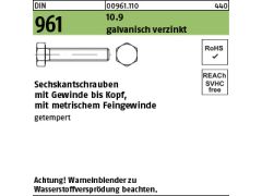 200 x Sechskantschrauben Feingewinde / Vollgewinde DIN 961 10.9 M8 x 30 verzinkt, getempert