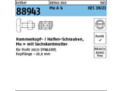 25 x Hammerkopf / Halfenschrauben HZS 38/23 Mu M16 x 80 Edelstahl A4-70