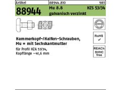 25 x Hammerkopf / Halfenschrauben HZS 53/34 8.8 M16 x 60 verzinkt