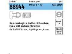 25 x Hammerkopf / Halfenschrauben HZS 53/34 A 4-70 M20 x 65 Edelstahl A4