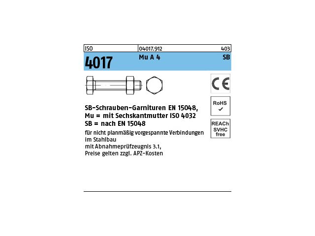 Sechskantschrauben mit Gewinde bis Kopf ISO 4017 Edelstahl A4 M 20 M 22