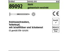 50 x Holzbauschrauben Tellerkopf Schaftfräser und Schabennut CE 8x400 -T40 verzinkt