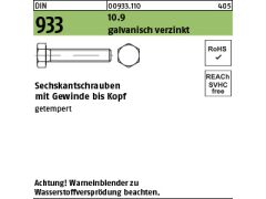 50 x Sechskantschrauben DIN 933 10.9 M16 x 30 galv. verzinkt getempert