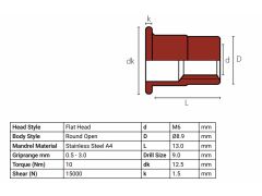 Blindnietmutter Edelstahl A4 / Rundschaft / offen / Flachkopf / GLATT / M5 / 0.5 - 3.0 mm