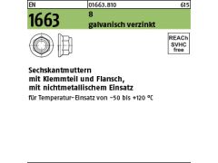 100 x Sechskantsicherungsmutter mit Flansch EN 1663 Kl.8 M10 SW16 galv. verzinkt