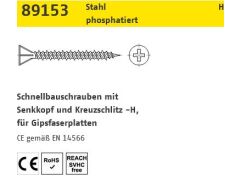 1000 x Gipsfaserplattenschraube Stahl 3,9 x 55 -H phosphatiert