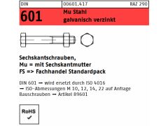 100 x Sechskantschrauben DIN 601 Mu Stahl, M6 x 40 galv. verzinkt