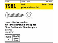 100 x Linsenkopf Blechschrauben DIN 7981 Stahl 4,2x22 -C-T20 verzinkt