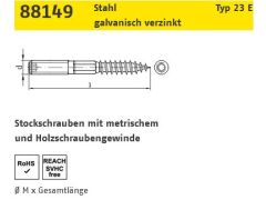 100 x Stockschrauben mit TX Antrieb Typ 23E, M8x140 -T25 verzinkt
