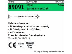 100 x Holzbauschrauben Senkkopf, Fräsrippen, Schaftfräser, Schabenut CE 6x140 -T30 verzinkt