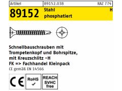 250 x Schnellbauschraube Bohrspitze Stahl phosphatiert 3,5 x 25 - H