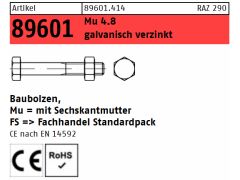 20 x Baubolzen mit Mutter ähnl. DIN 601 CE 4.8 M12x200 verzinkt