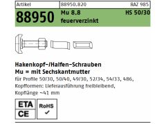 50 x  Hammerkopf-/Halfen-Schrauben m. Mutter 8.8 HS 50/30 Stahl feuerverzinkt - M12 x 80