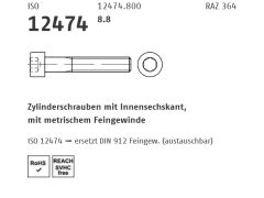 100 x DIN 912 8.8 Fein Zylinderschrauben mit Innensechskant, mit metrischem Feingewinde - Abmessung: M 12 x1,25x 30