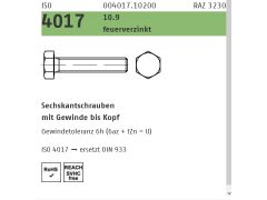 100 x ISO 4017 10.9 feuerverzinkt Sechskantschrauben mit Gewinde bis Kopf - Abmessung: M 12 x 60