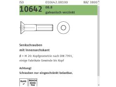 100 x ISO 10642 08.8 galvanisch verzinkt Senkschrauben mit Innensechskant M10 x 65