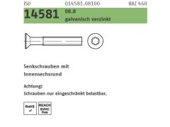 200 x ISO 14581 8.8 galvanisch verzinkt Senkschrauben mit Innensechsrund - M8 x 35