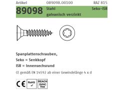 100 x Artikel 89098 Stahl CE Seko-ISR galvanisch verzinkt Spanplattenschrauben mit Vollgew., Senkkopf, Innensechsrund - Abmessung: 8 x 70 -T40