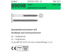 500 x Artikel 89098 Stahl CE Seko-ISR-Vg galvanisch verzinkt Spanplattenschrauben, Senkkopf, Innensechsrund, Vg, Fachhandel - Abmessung: 4,5 x 60 -T20 VE=FS (500 Stück)