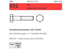 100 x DIN 931 8.8 Sechskantschrauben mit Schaft M8 x 120 Feuerverzinkt