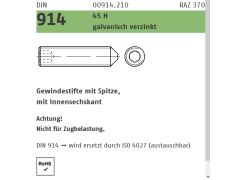 1000 x DIN 914, 45 H galvanisch verzinkt Gewindestifte mit Spitze, mit Innensechskant M5 x 6 verzinkt