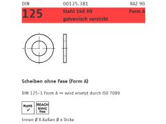 100 x DIN 125-1 Stahl 140 HV Form A Scheiben, ohne Fase 19 x 34 x 3 verzinkt