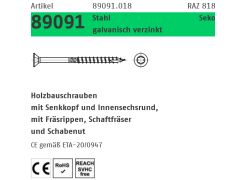 200 x Artikel 89091 Stahl CE Seko-T galvanisch verzinkt Holzbauschrauben CE Senkkopf, Innensechsrund, 4 x 45/25 -T20 verzinkt
