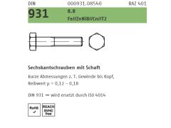50 x Sechskantschrauben mit Schaft DIN 931 8.8 M12 x 90 Zink Lamellen