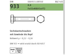 100 x Sechskantschrauben Vollgewinde DIN 933 8.8 M12 x 50 Zink Lamellen