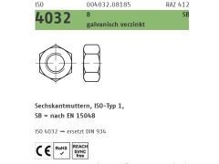 200 x Sechskantmuttern, Typ 1 ISO 4032 Kl.8 CE M16, SB nach EN 15048 verzinkt