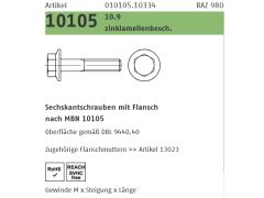 25 x Sechskant Flanschschrauben MBN 10105 10.9 M20 x 1,5 x 180 Zinklamellen