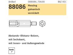 1 x Sechskant-Abstandsbolzen I/A Messing M4 x 70 / 9 x 8 SW 7 Galvanisch vernickelt