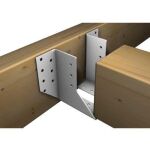 Abbildung von einem zwei teiligen Balkenschuh, der an einen Holzbank montiert ist